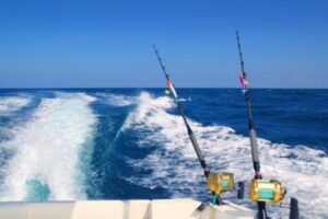 Two fishing poles sit in position on a boat far off the coast
